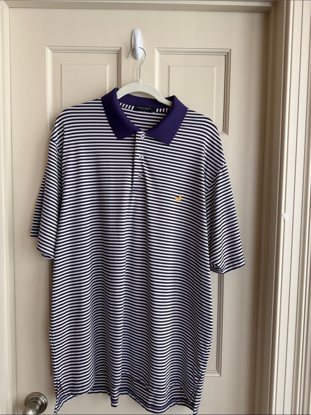 Southern Marsh Navy and White Striped Polo with Purple Collar